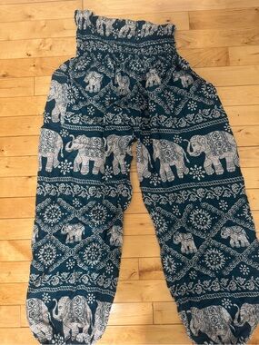 Bohemian Elephant Print Teal Elastic-Waist Pants